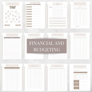 May include: A printable financial and budgeting planner with sections for rainy day fund, subscription tracker, spending challenge, monthly budgeter, budgeting notes, annual finance, expense tracker, income tracker, monthly bill tracker, coupon page, insurance log, and monthly budget recap.