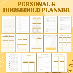 Puede incluir: Un planificador imprimible con p&aacute;ginas para citas, seguimiento de medicamentos, listas de contactos, listas de la compra, compras, horarios de limpieza, listas de tareas semanales, organizaci&oacute;n, tarjetas de recetas y limpieza por zonas. Las p&aacute;ginas son blancas con detalles dorados e iconos de sol.