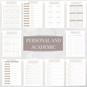 May include: A printable planner with pages for personal and academic organization. The pages include sections for appointments, passwords, medication tracking, books to buy, contact lists, reading logs, doctor appointments, assignment planning, and student planning.