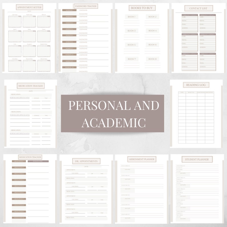 May include: A printable planner with pages for personal and academic organization. The pages include sections for appointments, passwords, medication tracking, books to buy, contact lists, reading logs, doctor appointments, assignment planning, and student planning.