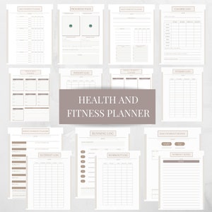 May include: A printable health and fitness planner with pages for daily and weekly workout planning, calorie and vitamin logging, weight tracking, running and workout logs, and a progress page.