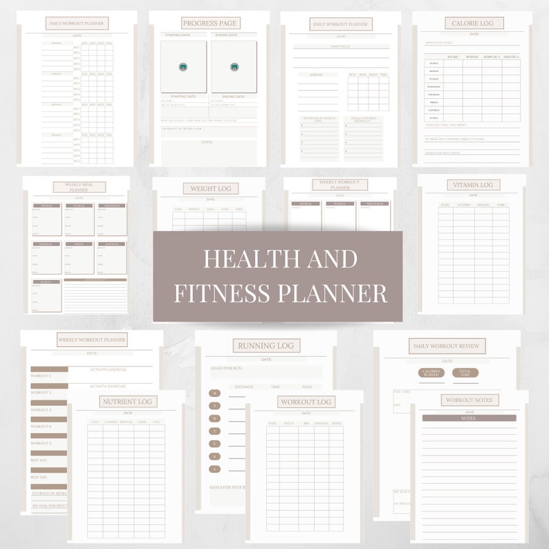 May include: A printable health and fitness planner with pages for daily and weekly workout planning, calorie and vitamin logging, weight tracking, running and workout logs, and a progress page.