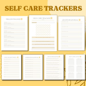Puede incluir: Un conjunto de rastreadores de autocuidado imprimibles con un esquema de color amarillo y blanco. Los rastreadores incluyen un rastreador de desencadenantes, un rastreador de autocuidado, un diario de gratitud, me siento mejor cuando, un diario de afirmaciones, un fijador de l&iacute;mites y objetivos de autocuidado.