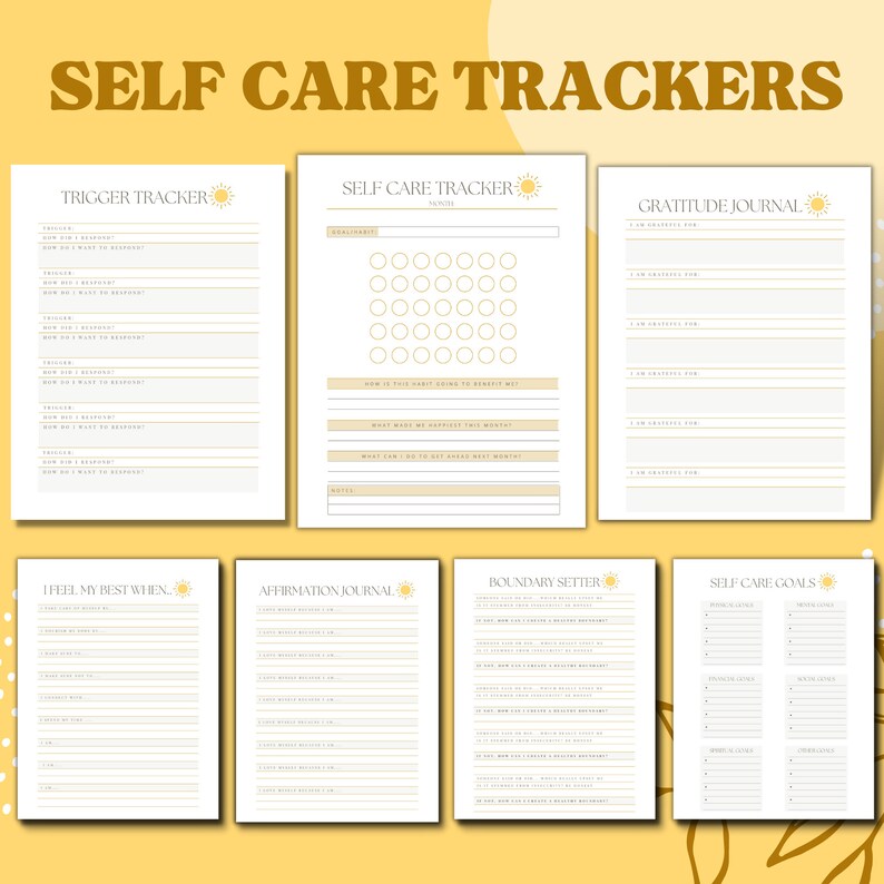 Puede incluir: Un conjunto de rastreadores de autocuidado imprimibles con un esquema de color amarillo y blanco. Los rastreadores incluyen un rastreador de desencadenantes, un rastreador de autocuidado, un diario de gratitud, me siento mejor cuando, un diario de afirmaciones, un fijador de l&iacute;mites y objetivos de autocuidado.