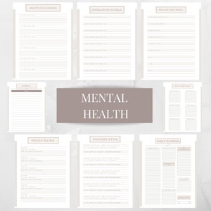 May include: A printable mental health journal with pages for gratitude, affirmations, self-care goals, trigger tracking, boundary setting, and daily journaling.