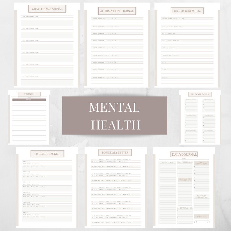 May include: A printable mental health journal with pages for gratitude, affirmations, self-care goals, trigger tracking, boundary setting, and daily journaling.