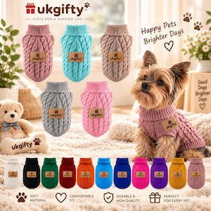 May include: A collection of cable-knit pet sweaters in various colors including pink, blue, beige, gray, black, green, red, orange, purple, and yellow. Each sweater features a mock neck and a tan leather-like patch with the text ukgifty.