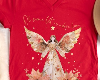 Camiseta navideña con cuello en V y ángel, regalo cristiano para ella