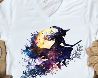Watercolor Witch V Neck T Shirt, Halloween T Shirt, Halloween Witch Tee, Halloween Witch Gift, Autumn Witch Tee, Watercolor Fall T-Shirt,