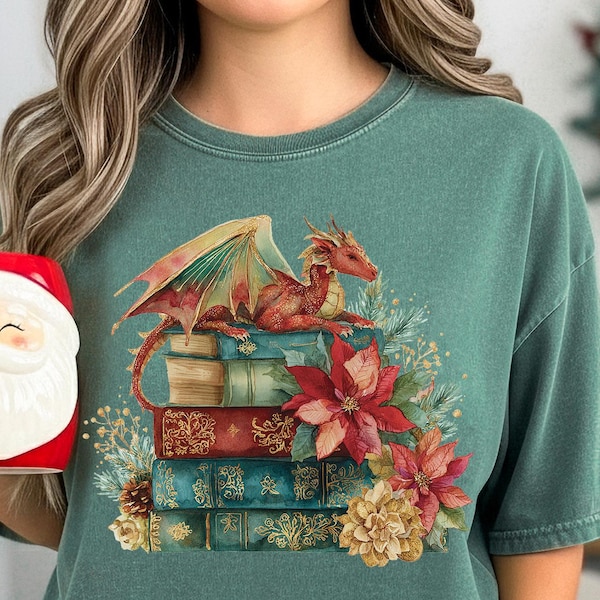 Christmas Fantasy Reading T-Shirt, Christmas Book Dragon Shirt, Comfort Colors Fantasy Shirt, Dragon Lover Gift for Her, Reader Gift