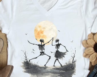 Halloween Dancing Skeletons V-Neck T-Shirt, Halloween Retro Skeleton Shirt, Halloween Gift for Her, Halloween Spooky Season Tee, Fall Shirt