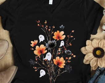 Halloween Ghost Flowers V-Neck T-Shirt, Womens Cute Ghost V Neck Shirt, Halloween Wildflower Ghost Shirt, Spooky Season Tee, Ghost Gift Her