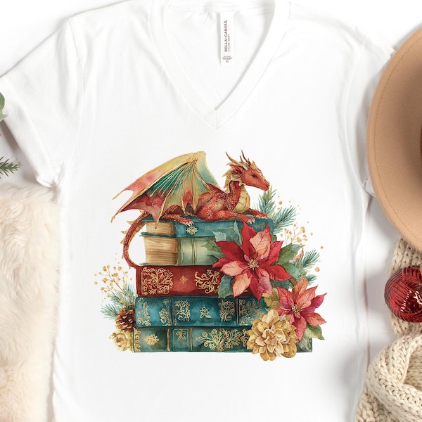 Christmas Book Dragon V-neck T-Shirt, Christmas Fantasy Reading Vneck Shirt, Womens Dragon Book Shirt, Dragon Gift Her, Fantasy Reader Gift