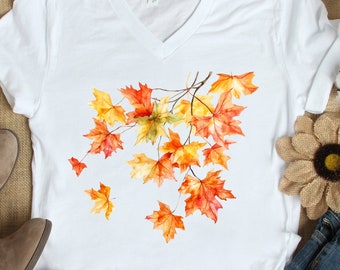 Fall Leaves V Neck T Shirt, Watercolor Fall Leaves T-Shirt, Fall Gift for Her, Womens Fall Shirt, Watercolor Leaves Shirt, Autumn Leaves