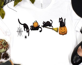 Halloween Cat Shirt, Halloween Cat Pumpkin T Shirt, Black Cat TShirt, Cute Cat Halloween Tee, Halloween Cat Lover Gift, Fall Cat T-Shirt