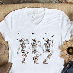 Halloween Western Skeleton Shirt, Halloween Western T Shirts for Women, Womens Country Skeleton V Neck Shirt, Cute Halloween Cowgirl Tee