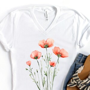 Poppy V-Neck T-Shirt, Watercolor Poppy Shirt, Womens Flower V Neck T Shirt, Cottagecore Shirt, Gift For Women, Poppy Tee, Floral T Shirt