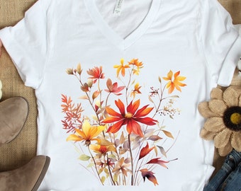 Fall Flower Shirt Gift for Her, Fall Watercolor Wildflower V Neck T Shirt, Womens Fall Shirts, Fall Flowers TShirt, Autumn Wildflowers Tee