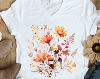 Fall Flower Shirt Gift for Her, Fall Wildflower V Neck T Shirt, Womens Fall TShirt, Watercolor Flowers Vneck Shirt, Autumn Wildflowers Tee