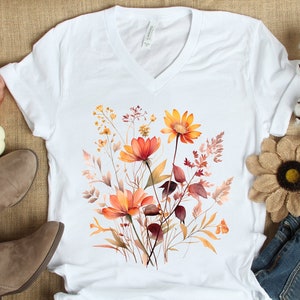 Fall Flower Shirt Gift for Her, Fall Wildflower V Neck T Shirt, Womens Fall TShirt, Watercolor Flowers Vneck Shirt, Autumn Wildflowers Tee