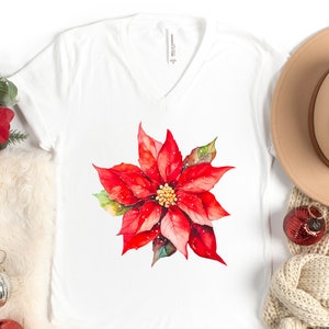 Watercolor Christmas Poinsettia Shirt, Womens Christmas Poinsettia V Neck T Shirt, Christmas Flower Shirt Gift for Her, Holiday Flower Shirt