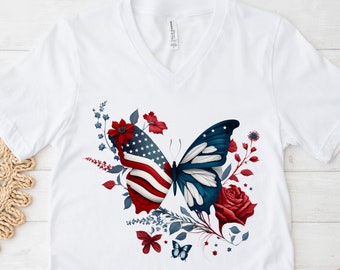 4th of July V Neck T Shirt, Patriotic Butterfly Shirt, Independence Day Shirt, America T Shirt, Love USA V Neck Shirt, Womens Summer Shirt