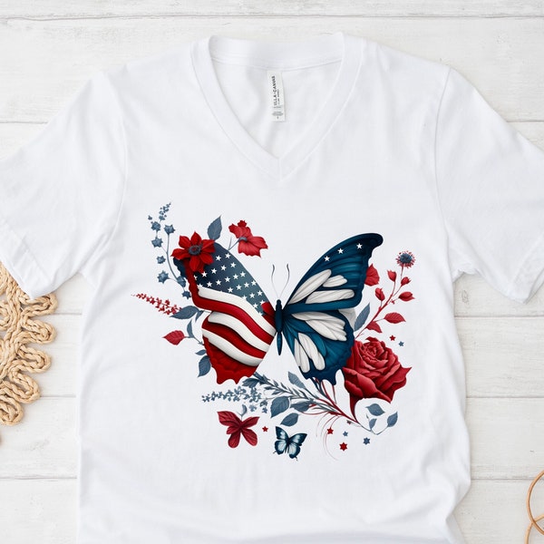 4th of July V Neck T Shirt, Patriotic Butterfly Shirt, Independence Day Shirt, America T Shirt, Love USA V Neck Shirt, Womens Summer Shirt