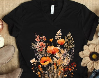 Fall Flower Shirt Gift for Her, Womens Fall Shirts, Fall Watercolor Wildflower V Neck T Shirt, Womens Fall Shirts, Autumn Wildflowers Tee