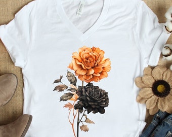 Watercolor Halloween Flowers TShirt, Halloween Shirts, Halloween Flower Shirts, Cottagecore Floral Halloween V Neck T Shirt, Gift for Her