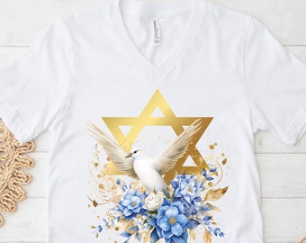 Peace for Israel Shirt, Israel Peace Tee, Israeli V Neck Shirt, Stand with Israel Shirt, Jewish T Shirt, Israel Flower Shirt, Israel Gift