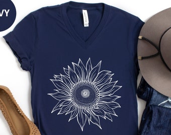 Sunflower V Neck Shirt, Sunflower V-Neck T-Shirt, Sunflower Shirt, Flower Shirt, Womens Summer Shirt, Botanical Shirt for Women, Floral Tee