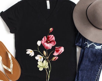 Watercolor Wildflower V Neck T Shirt, Wildflower Shirts, Womens Flower V-Neck T Shirt, Watercolor Flowers Shirt, For Women, Botanical Tee