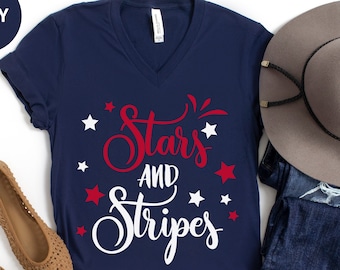 Womens 4th of July V Neck T Shirt, Stars and Stripes Shirt, Fourth of July Shirt, Independence Day Tee, Patriotic Gift, Womens Summer Shirt
