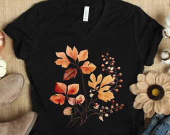 Fall Leaves VNeck Shirt, Womens Fall Shirts, Watercolor Fall Leaves  V Neck T Shirt, Fall Botanical Shirt, Fall Gift for Her, Autumn Leaves