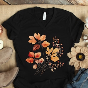 Fall Leaves VNeck Shirt, Womens Fall Shirts, Watercolor Fall Leaves  V Neck T Shirt, Fall Botanical Shirt, Fall Gift for Her, Autumn Leaves