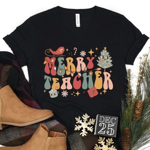 Vintage Christmas Teacher Shirt, Retro Christmas Teacher V Neck T Shirt, Holiday Teacher Tee, Christmas Gift for Teacher, Teacher Gift