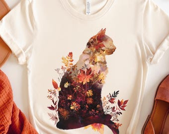 Fall Cat Shirt, Cat Gift for Her, Fall Wildflower Cat Shirt, Womens Cat T-Shirt, Cat Lover Gift, Cat Mom Shirt, Autumn Cat Tee, Cat Apparel
