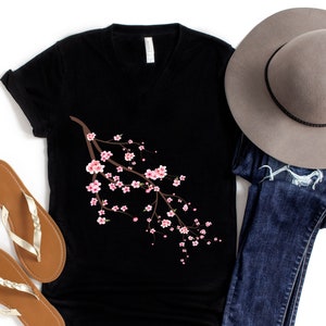Cherry Blossom V Neck T Shirt, Sakura T Shirt, Womens Flower V Neck T Shirt, Flower Shirt for Women, Floral Shirt, Floral Tee, Gift for Her