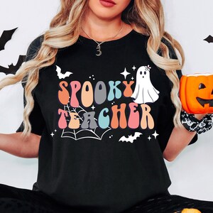 Retro Spooky Teacher Halloween T Shirt, Comfort Colors Halloween Teacher TShirt, Halloween Gift for Teacher, Vintage Fall Teacher T-Shirt