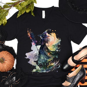 Watercolor Witch V Neck TShirt, Halloween T Shirt, Halloween Witch Tee, Halloween Witch Gift, Watercolor Fall T-Shirt, Autumn Witch Tee Black