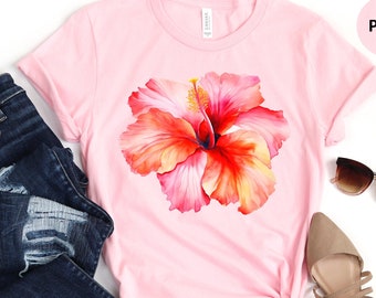 Camisa de hibisco, camisa de hibisco para mujer, camiseta de flores de acuarela, camiseta de flores tropicales, camisa de crucero floral, regalo de hibisco para ella, camiseta de playa