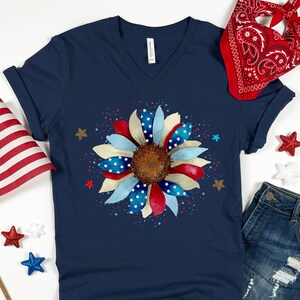 4th of July Sunflower V Neck Shirt, Patriotic Sunflower Shirt, Independence Day Flower Shirt, Womens Summer Shirts, Fourth of July Flower