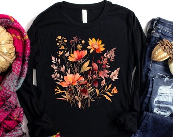 Fall Wildflower Long Sleeve Shirt, Fall Flower Shirt Gift for Her, Womens Fall T Shirt, Watercolor Flowers Shirt, Autumn Wildflowers Tee