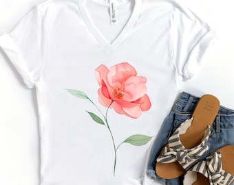 Watercolor Flower Vneck Shirt, Watercolor Floral T Shirt, Watercolor Flowers Shirt, Flower Tee, Womens Floral Tee, Pink Flower Gift for Her