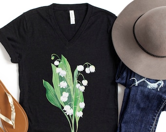 Lily of the Valley Shirt, Watercolor Lily of the Valley T Shirt, Womens V-Neck T Shirt, White Flower T Shirt, Floral V Neck T Shirt