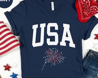 4th of July V Neck T Shirt, Independence Day Shirt, USA V Neck Shirt, America T Shirt, Fireworks Shirt, Patriotic Shirt, Womens Summer Shirt
