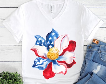4th of July Flower V Neck T Shirt, USA Flower V Neck Shirt, Independence Day Floral Shirt, Magnolia T Shirt, Patriotic Womens Summer Shirt