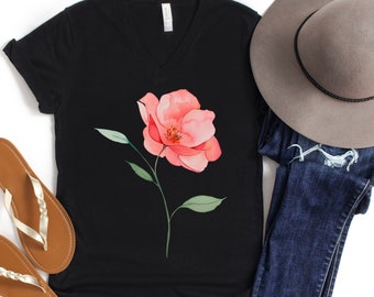 Watercolor Flower Vneck Shirt, Womens Floral Tee, Watercolor Floral T Shirt, Watercolor Flowers Shirt, Flower Tee, Pink Flower Gift for Her