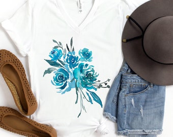 V Neck Flower Shirt Gift for Her, Vneck Peony Shirt, Blue Flower Shirt, Watercolor Floral T Shirt, Flower Aesthetic Tee, Flowers Tee
