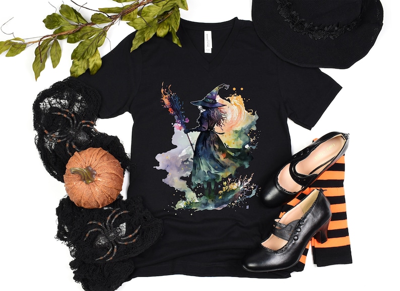 Watercolor Witch V Neck TShirt, Halloween T Shirt, Halloween Witch Tee, Halloween Witch Gift, Watercolor Fall T-Shirt, Autumn Witch Tee Black